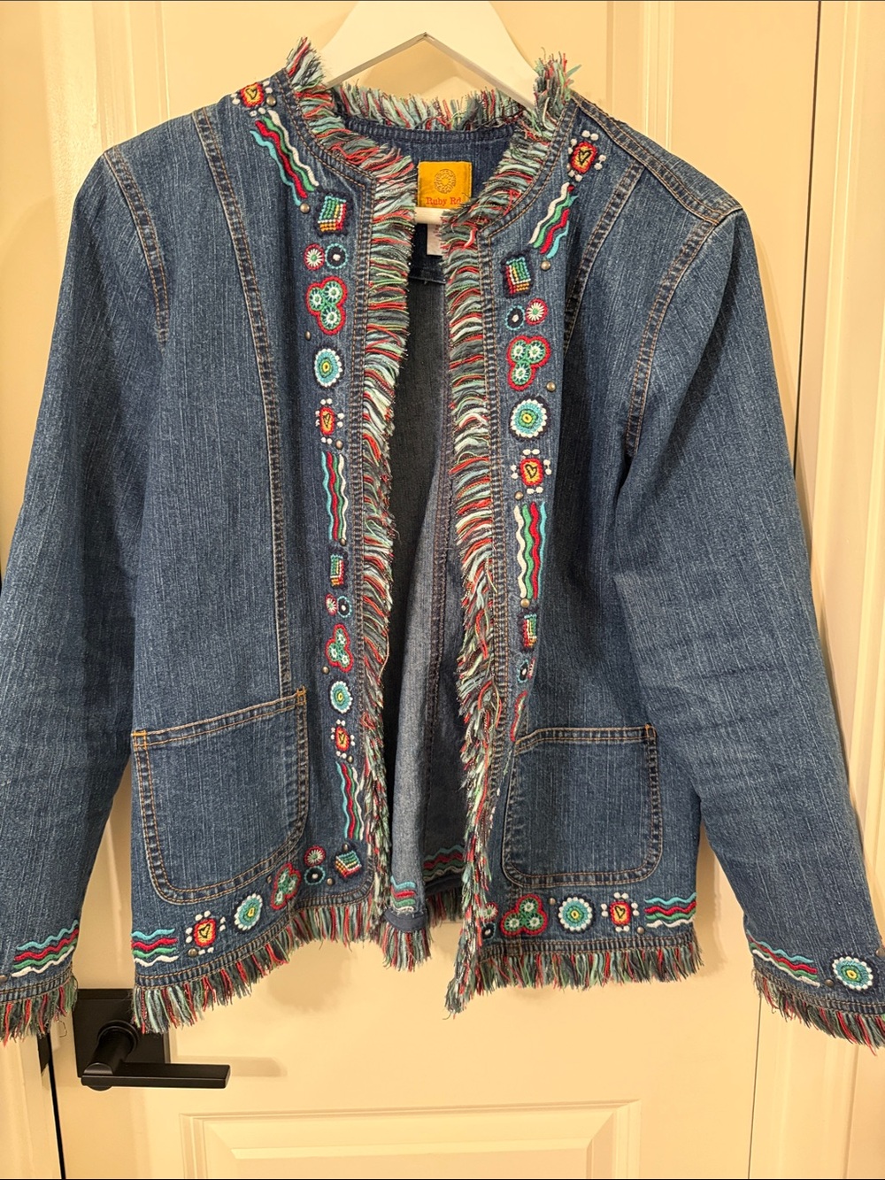 Ruby Rd. Blue Denim Jacket with Multicolor Embroidered Trim